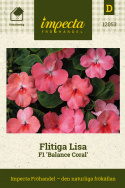 Flittiglise F1 'Balance Coral', Varmt koralrosa blomster med øje i hvidt og mørkere pink.