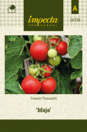 Tomat 'Maja', middels høy busktomat som gir en fin avling av runde, klarrøde frukter på ca. 80 gram.