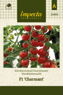 Cherrytomat F1 'Charmant', Stødige planter som gir rikelig med runde, vakkert røde cherrytomater på ca. 15 gram.