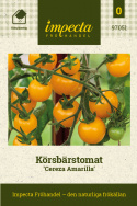 Cherrytomat 'Cereza Amarilla', Gyllengule, runde frukter på ca. 15–20 gram med en fantastisk fin balanse mellom sødme og syrlighet.