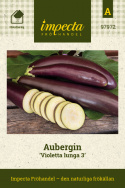 Aubergine ''Violetta lunga 3'', Avlange, purpursvarte frukter med hvitt fruktkjø